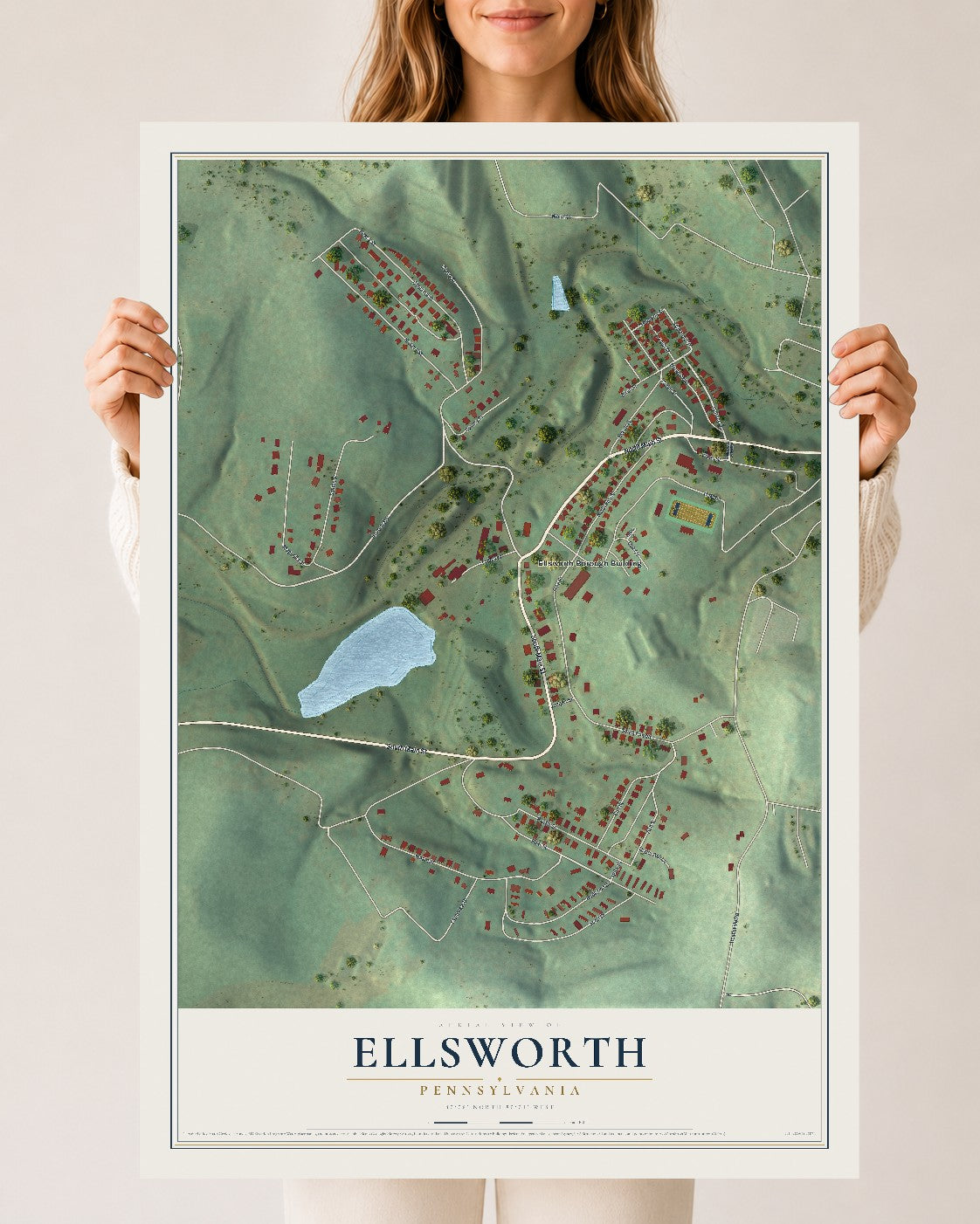 Map of Ellsworth, Pennsylvania, 24 x 36 inch unframed archival matte print
