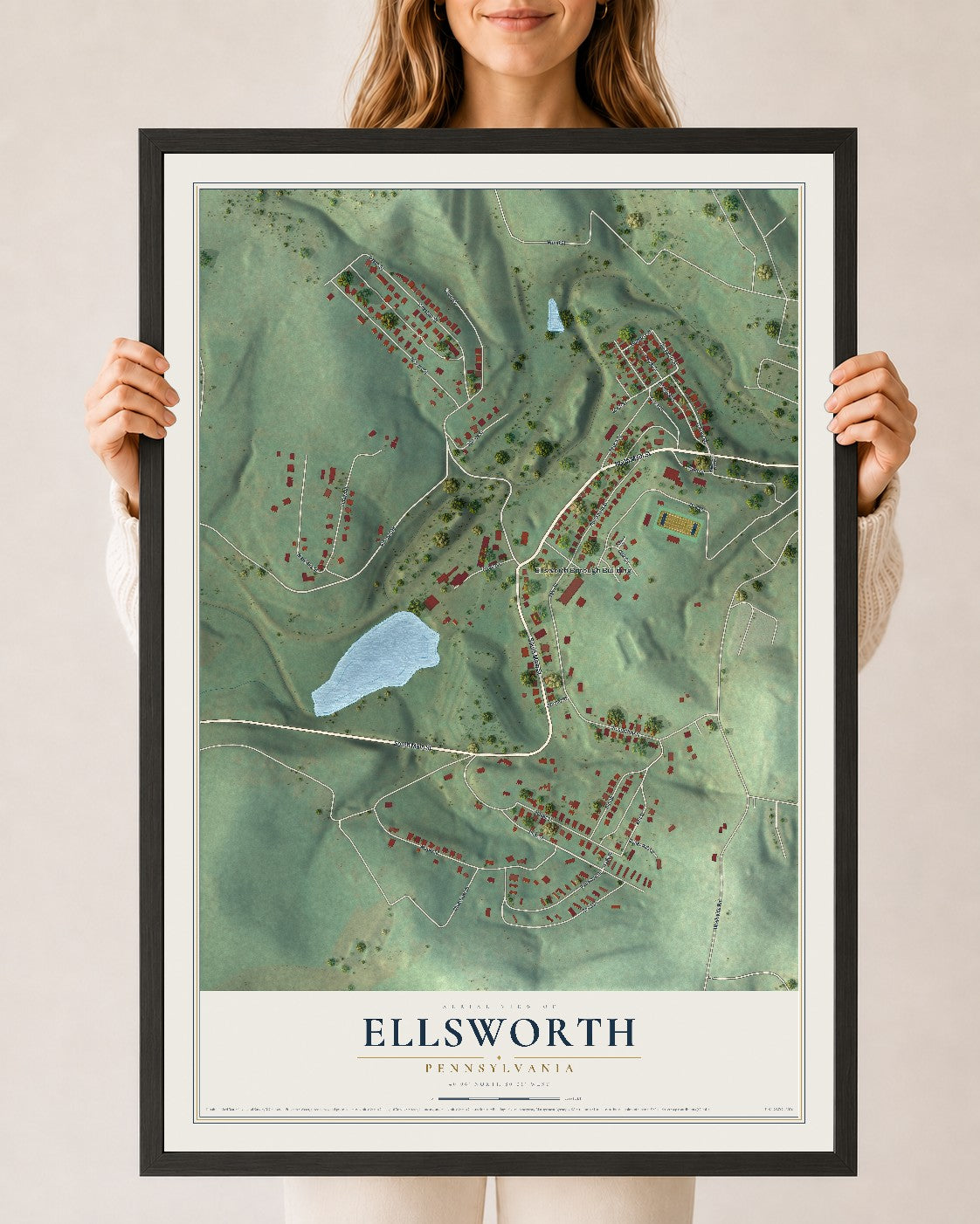 Map of Ellsworth, Pennsylvania, 24 x 36 inch print in a black wood frame
