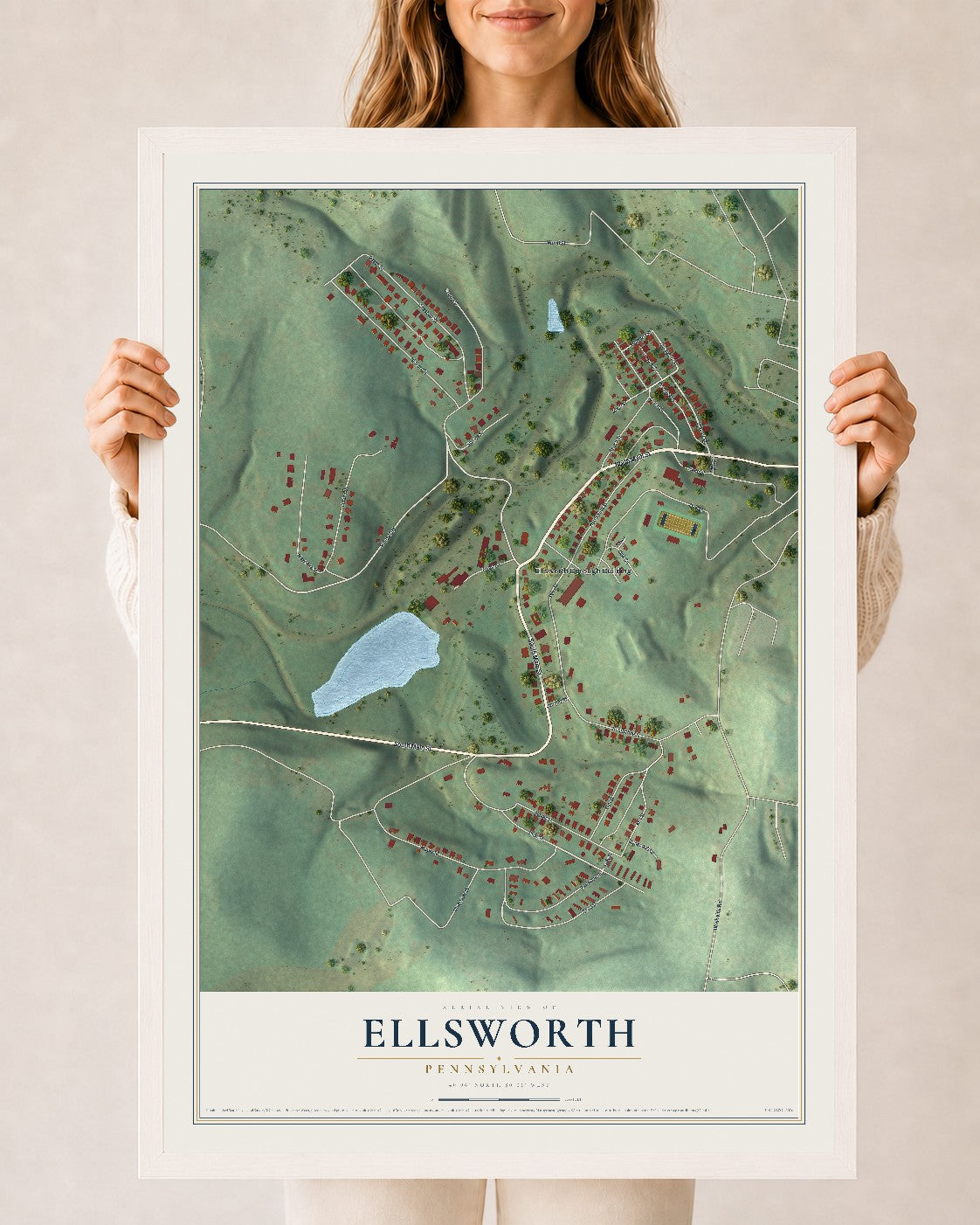 Map of Ellsworth, Pennsylvania, 24 x 36 inch print in a white wood frame