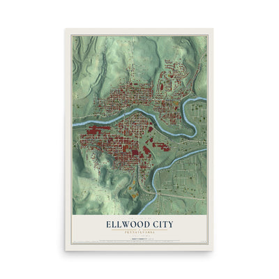 Map of Ellwood City, Pennsylvania, 12 x 18 inch unframed archival matte print