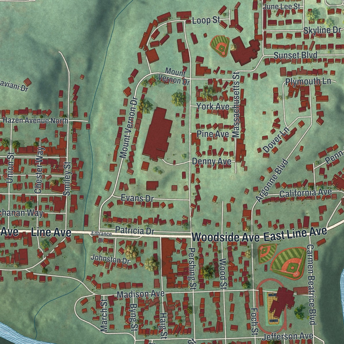 Close-up of the map of Ellwood City, Pennsylvania print showing street and building detail