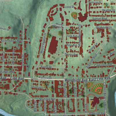 Close-up of the map of Ellwood City, Pennsylvania print showing street and building detail