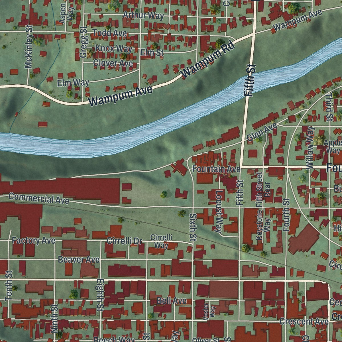 Second close-up of the map of Ellwood City, Pennsylvania print showing more streets and buildings