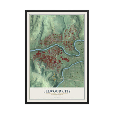 Map of Ellwood City, Pennsylvania, 12 x 18 inch print in a black wood frame