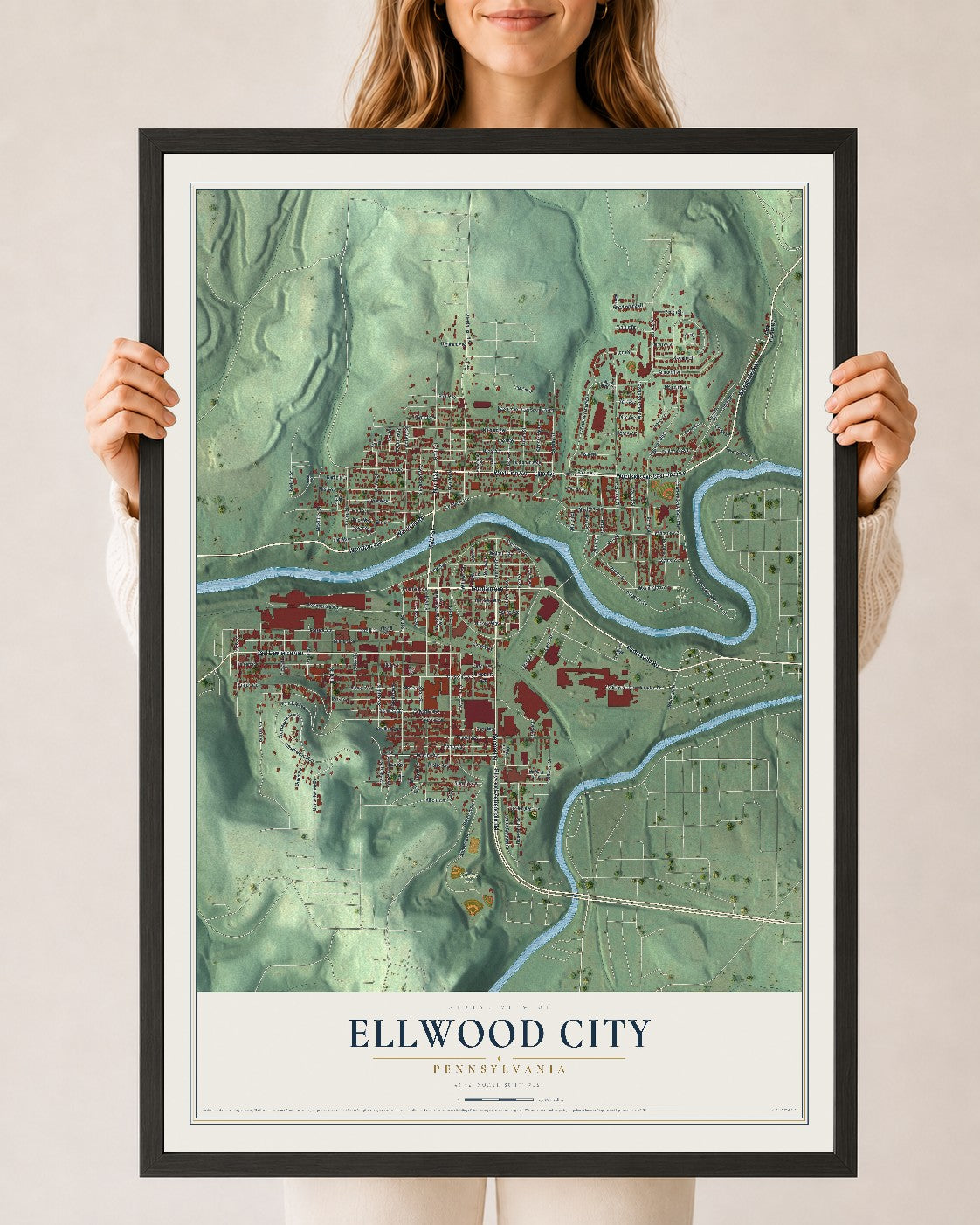 Map of Ellwood City, Pennsylvania, 24 x 36 inch print in a black wood frame