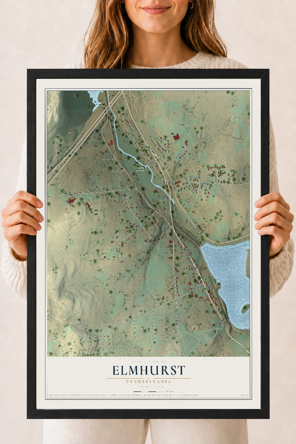 Map of Elmhurst, Pennsylvania, 18 x 24 inch print in a black wood frame
