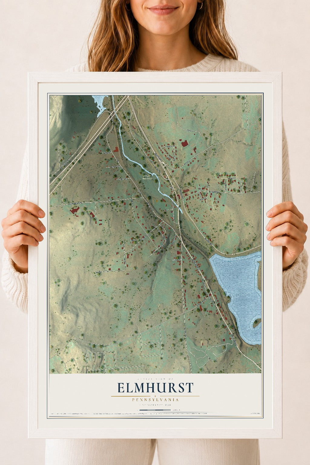 Map of Elmhurst, Pennsylvania, 18 x 24 inch print in a white wood frame