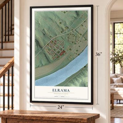Elrama, Pennsylvania map, 24 x 36 inch print in a black frame by a staircase