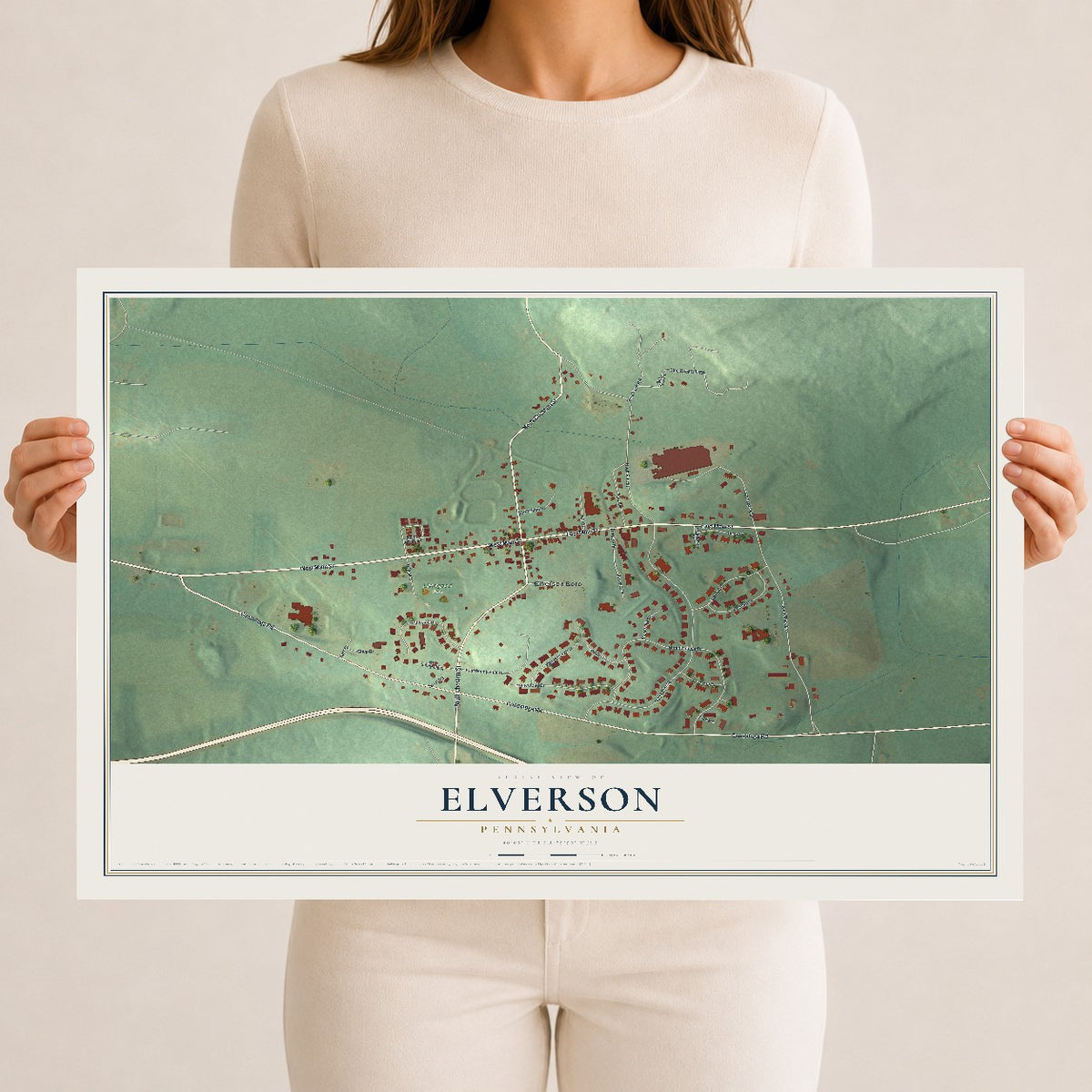Map of Elverson, Pennsylvania, 12 x 18 inch unframed archival matte print