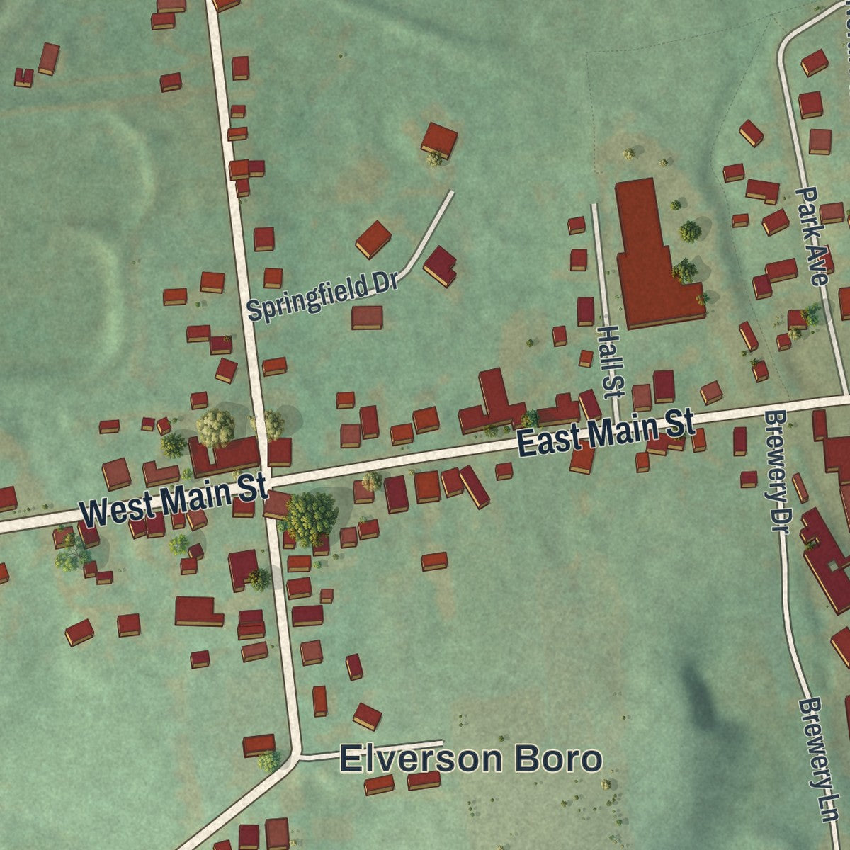 Close-up of the map of Elverson, Pennsylvania print showing street and building detail