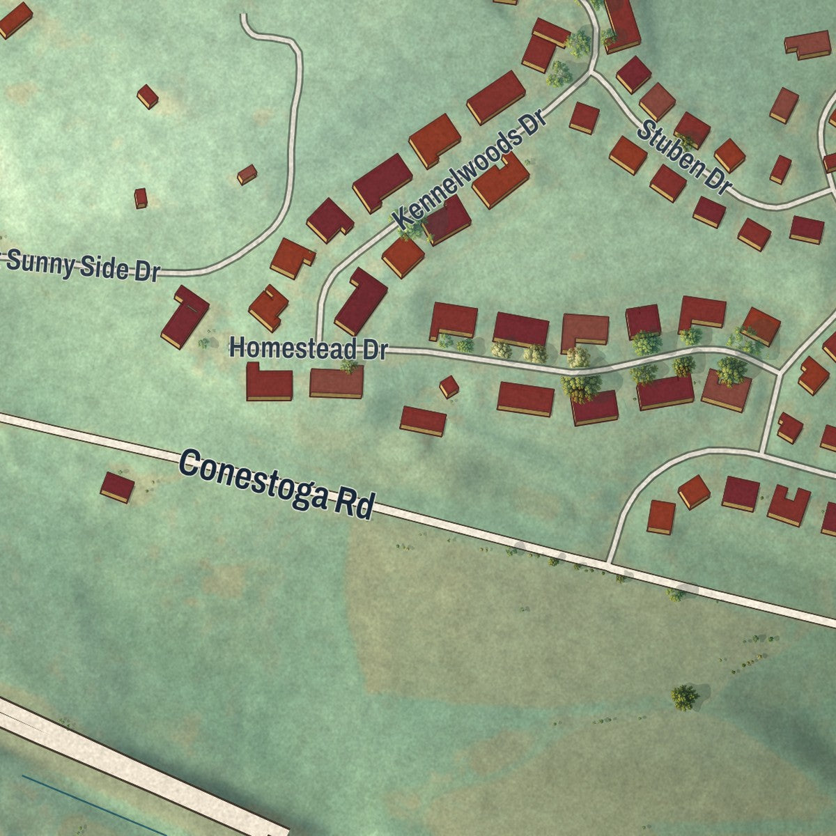 Second close-up of the map of Elverson, Pennsylvania print showing more streets and buildings