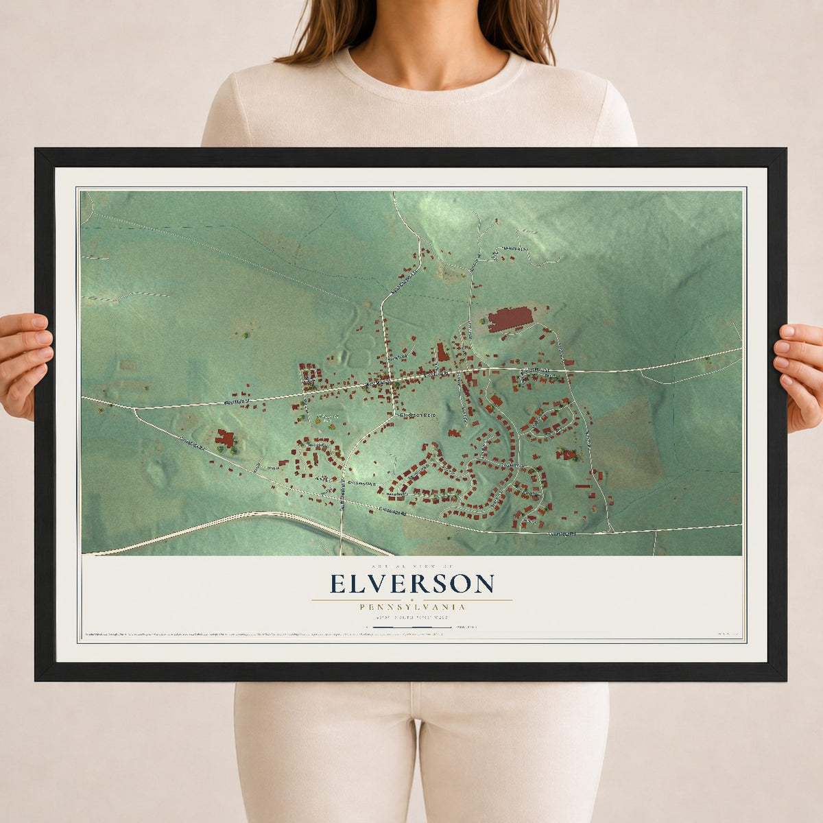 Map of Elverson, Pennsylvania, 18 x 24 inch print in a black wood frame