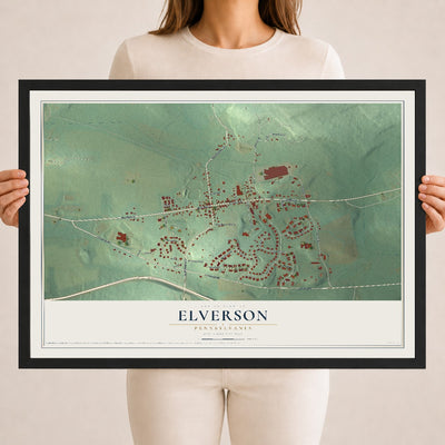 Map of Elverson, Pennsylvania, 18 x 24 inch print in a black wood frame