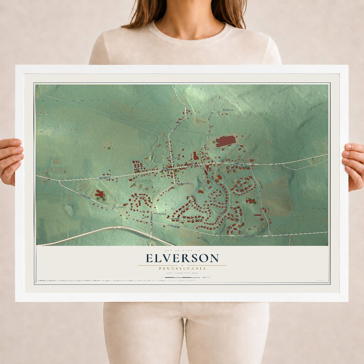 Map of Elverson, Pennsylvania, 18 x 24 inch print in a white wood frame