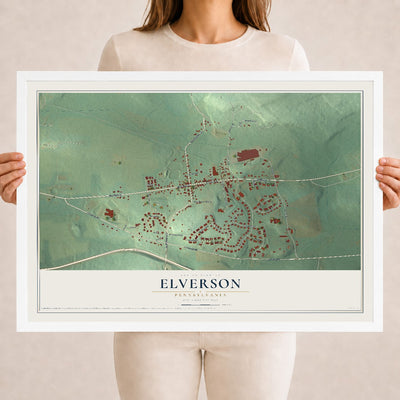 Map of Elverson, Pennsylvania, 18 x 24 inch print in a white wood frame