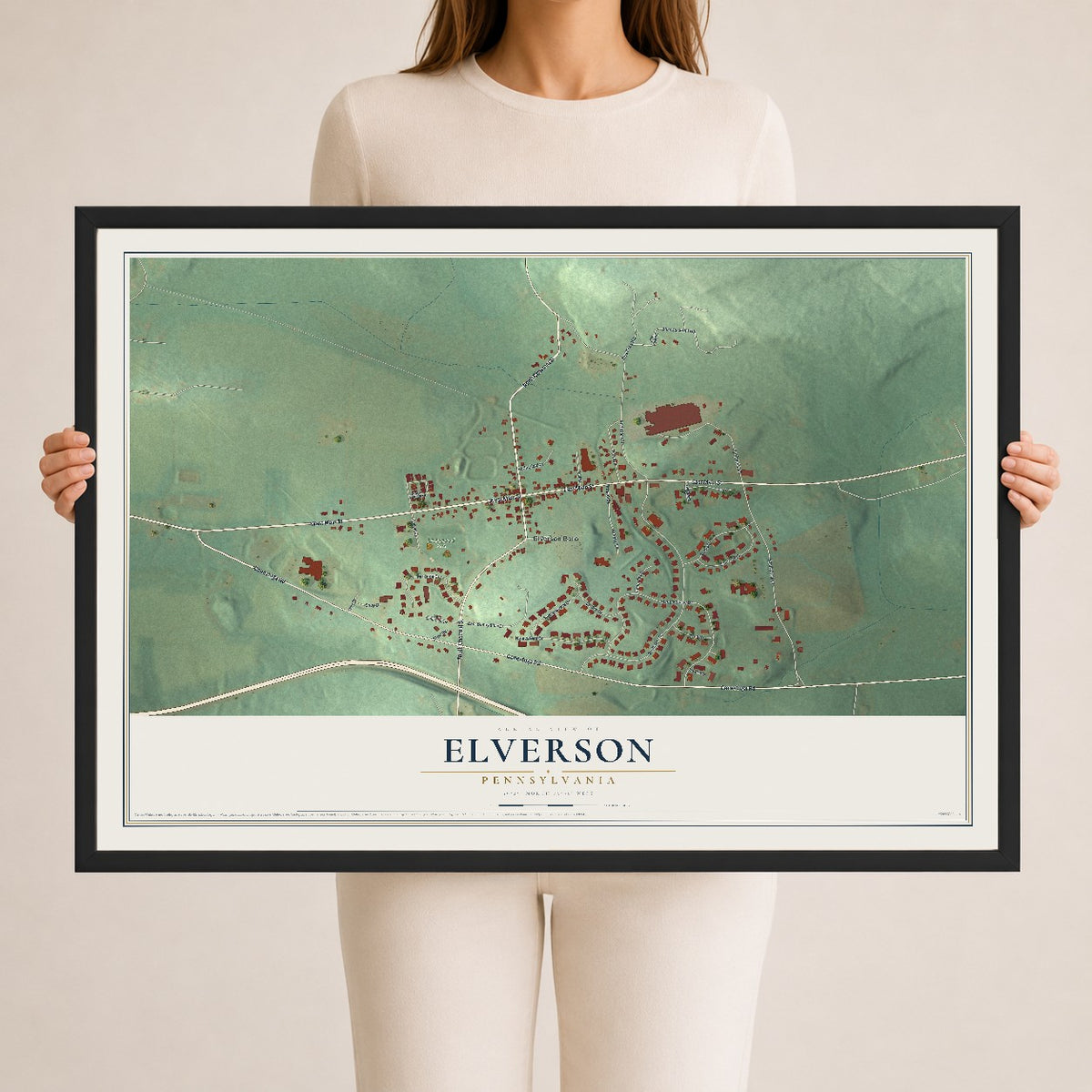 Map of Elverson, Pennsylvania, 24 x 36 inch print in a black wood frame