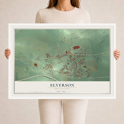 Map of Elverson, Pennsylvania, 24 x 36 inch print in a white wood frame