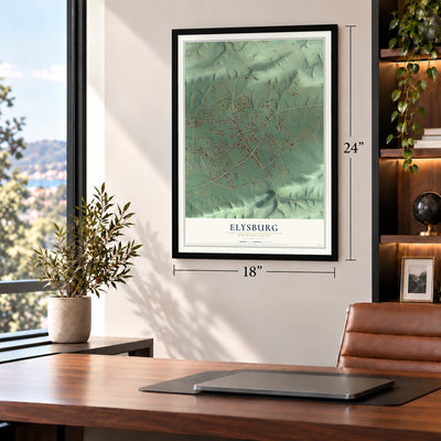 Elysburg, Pennsylvania map, 18 x 24 inch print in a black frame in a home office