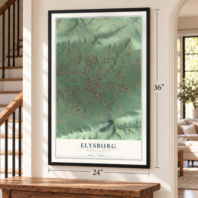 Elysburg, Pennsylvania map, 24 x 36 inch print in a black frame by a staircase