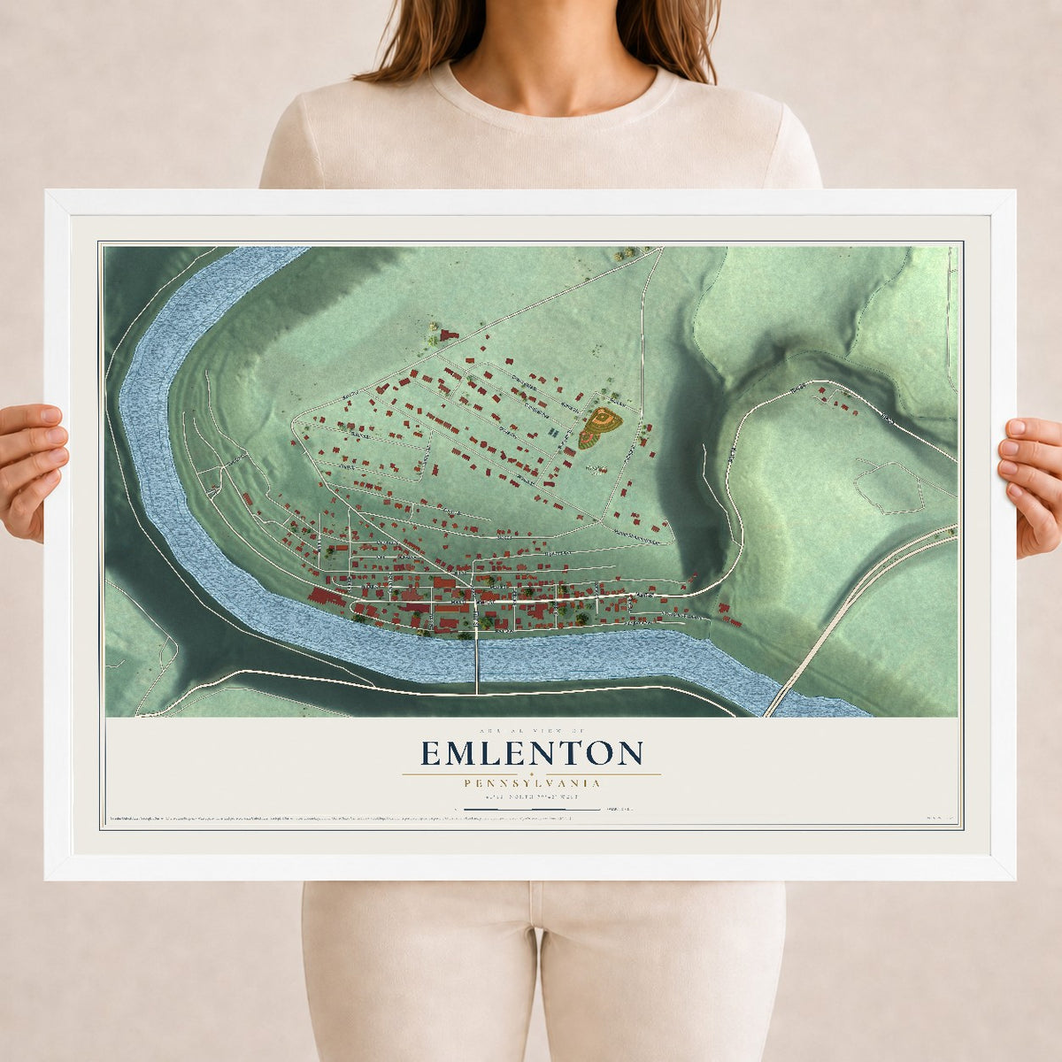 Map of Emlenton, Pennsylvania, 18 x 24 inch print in a white wood frame