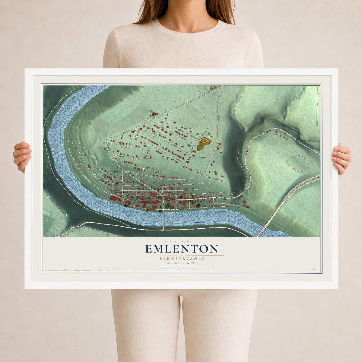 Map of Emlenton, Pennsylvania, 24 x 36 inch print in a white wood frame