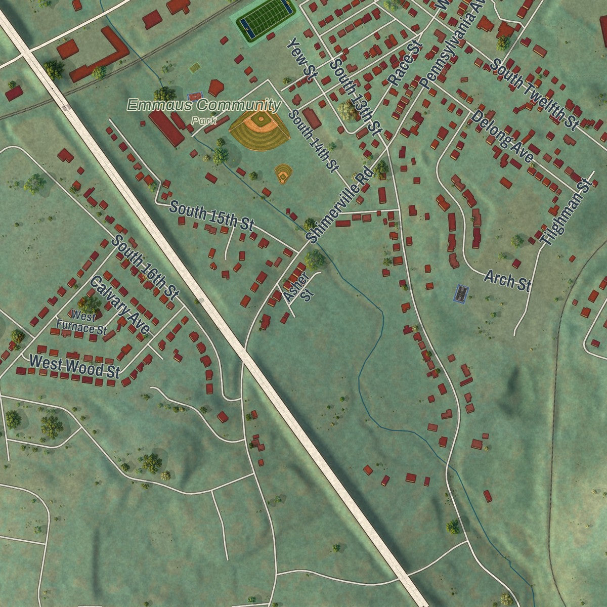 Second close-up of the map of Emmaus, Pennsylvania print showing more streets and buildings