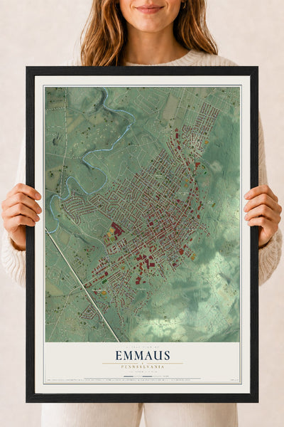 Map of Emmaus, Pennsylvania, 18 x 24 inch print in a black wood frame