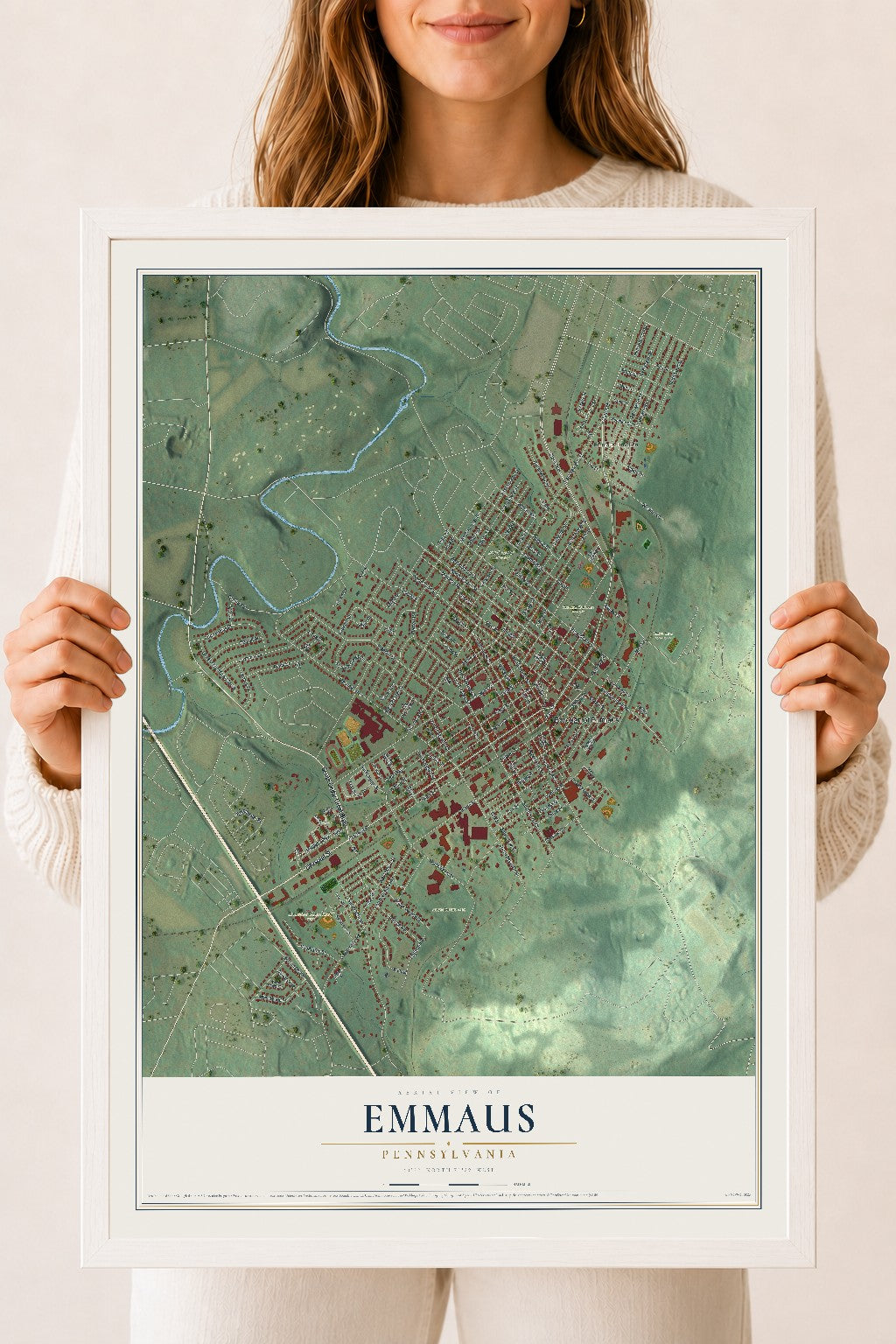 Map of Emmaus, Pennsylvania, 18 x 24 inch print in a white wood frame