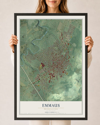 Map of Emmaus, Pennsylvania, 24 x 36 inch print in a black wood frame