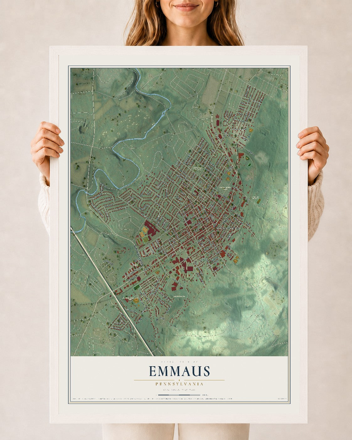 Map of Emmaus, Pennsylvania, 24 x 36 inch print in a white wood frame