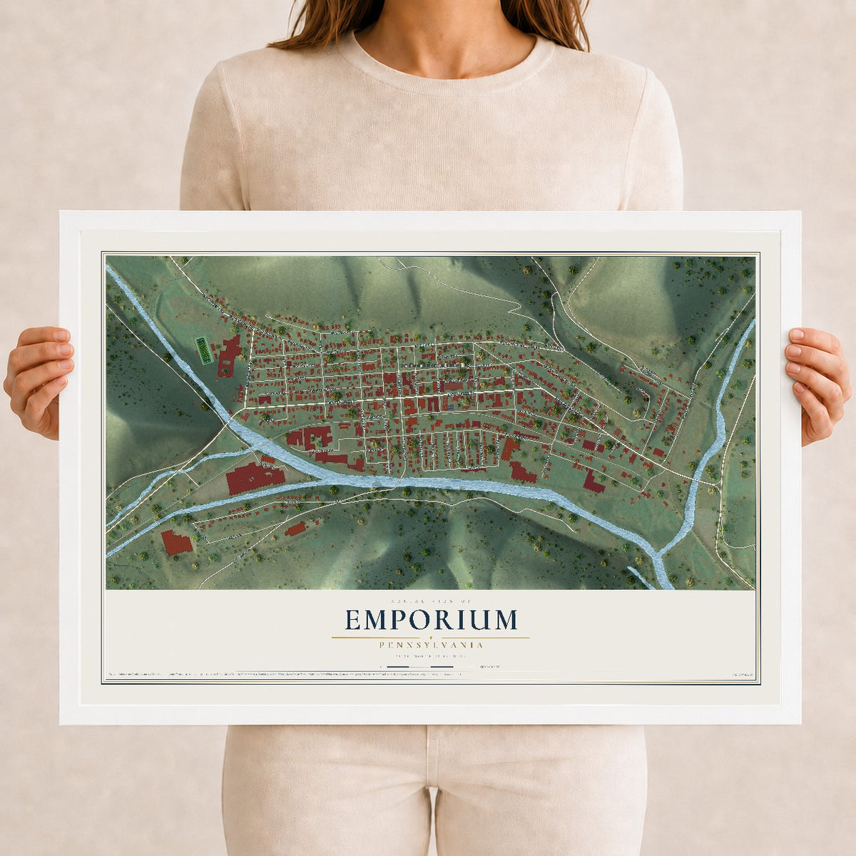 Map of Emporium, Pennsylvania, 12 x 18 inch print in a white wood frame