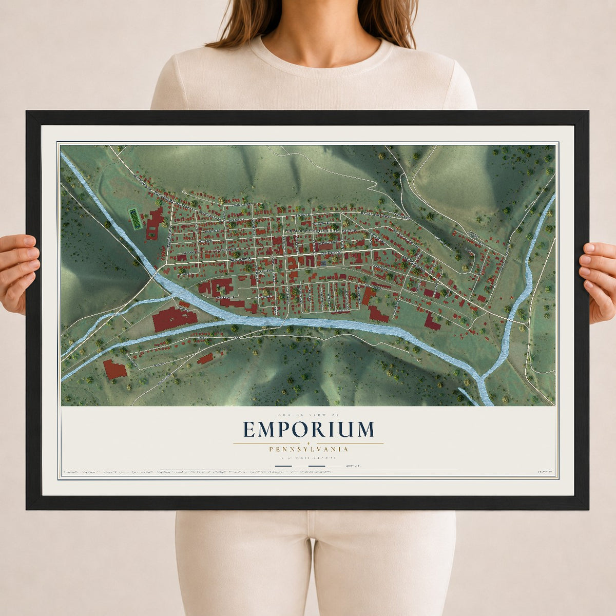 Map of Emporium, Pennsylvania, 18 x 24 inch print in a black wood frame