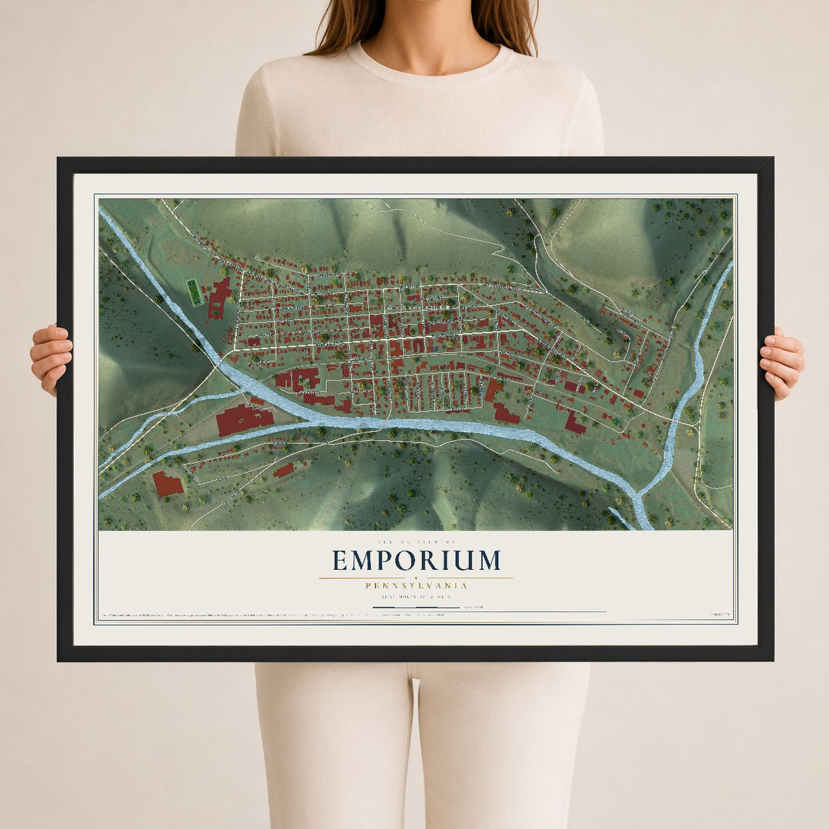 Map of Emporium, Pennsylvania, 24 x 36 inch print in a black wood frame