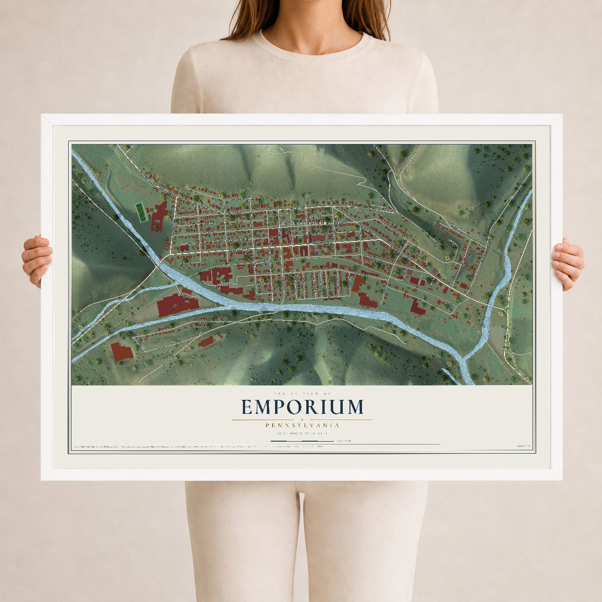 Map of Emporium, Pennsylvania, 24 x 36 inch print in a white wood frame