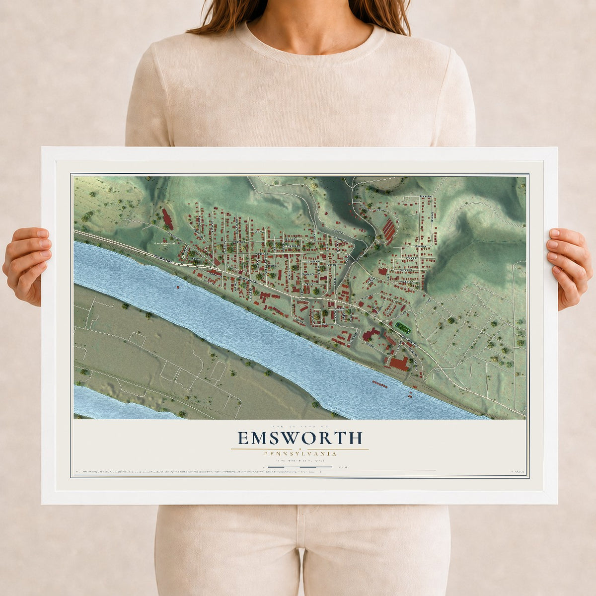 Map of Emsworth, Pennsylvania, 12 x 18 inch print in a white wood frame