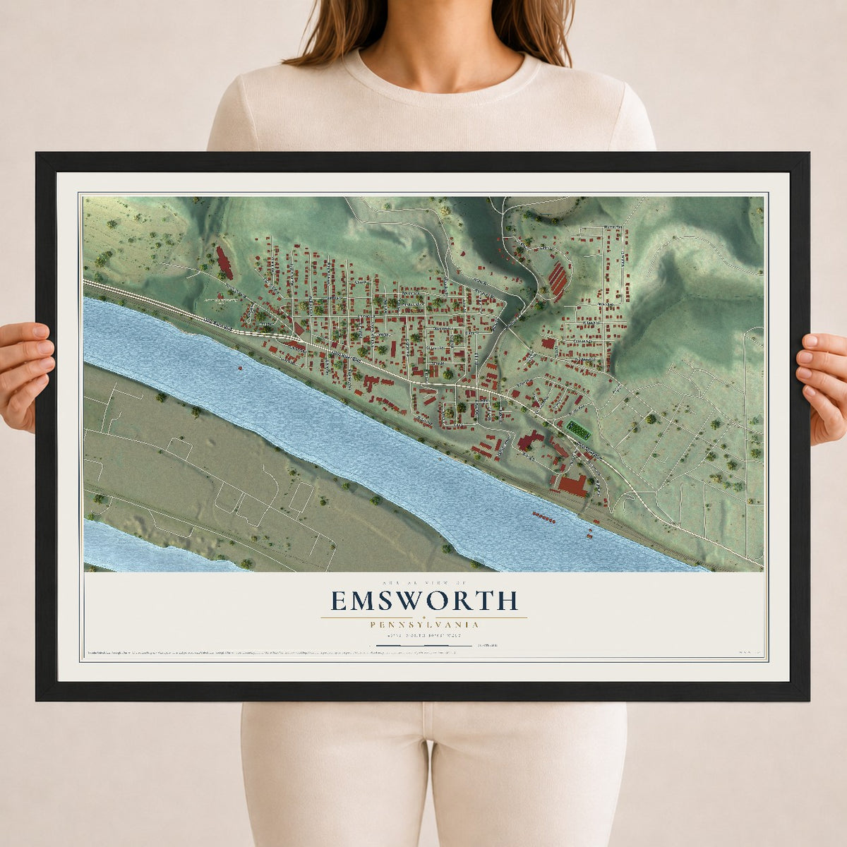 Map of Emsworth, Pennsylvania, 18 x 24 inch print in a black wood frame