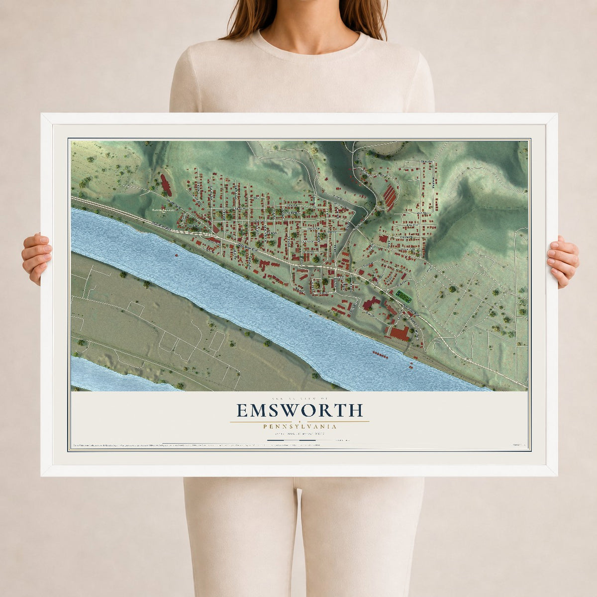 Map of Emsworth, Pennsylvania, 24 x 36 inch print in a white wood frame