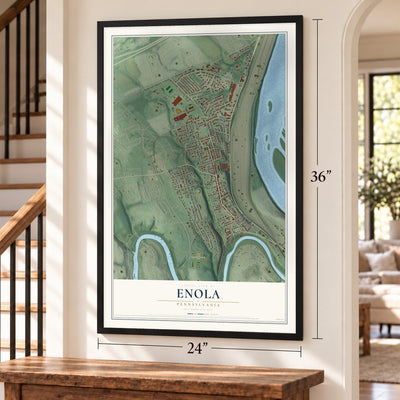Enola, Pennsylvania map, 24 x 36 inch print in a black frame by a staircase