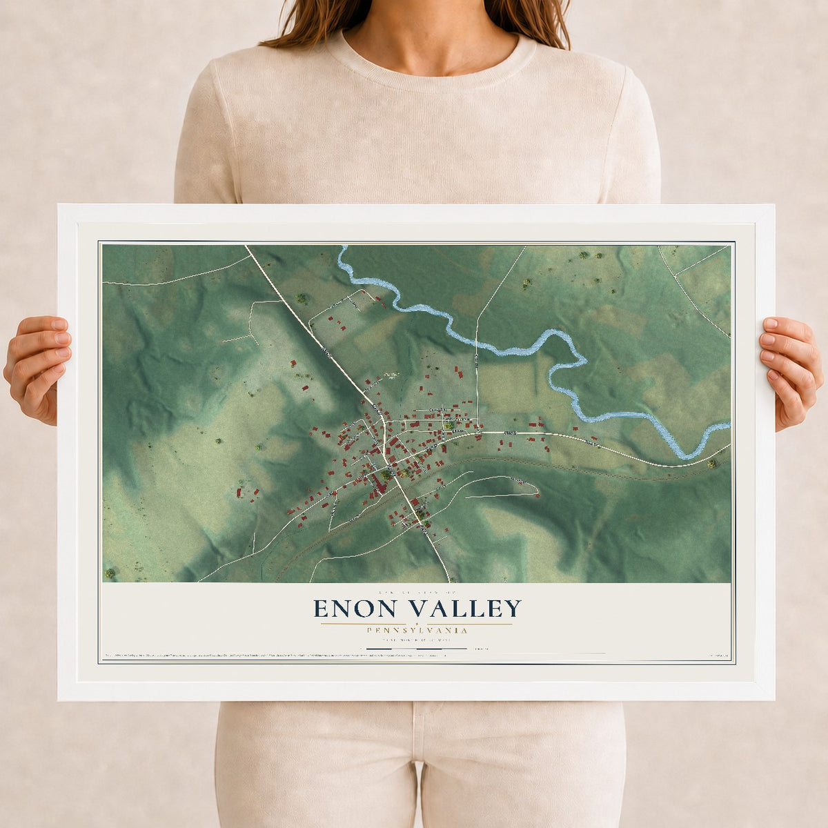 Map of Enon Valley, Pennsylvania, 12 x 18 inch print in a white wood frame