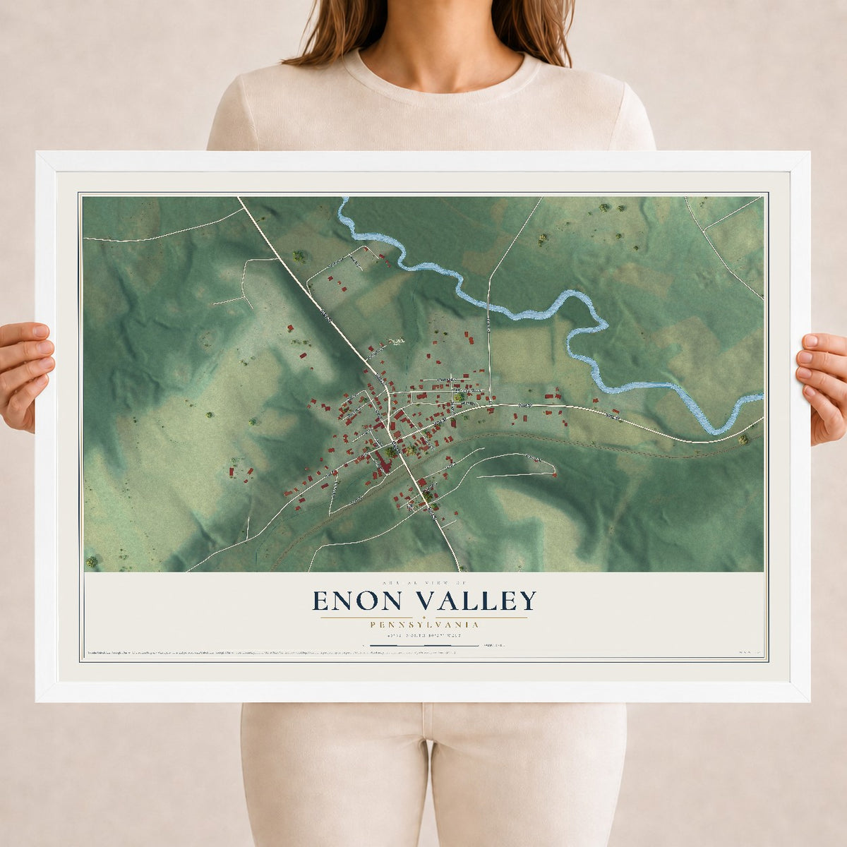 Map of Enon Valley, Pennsylvania, 18 x 24 inch print in a white wood frame