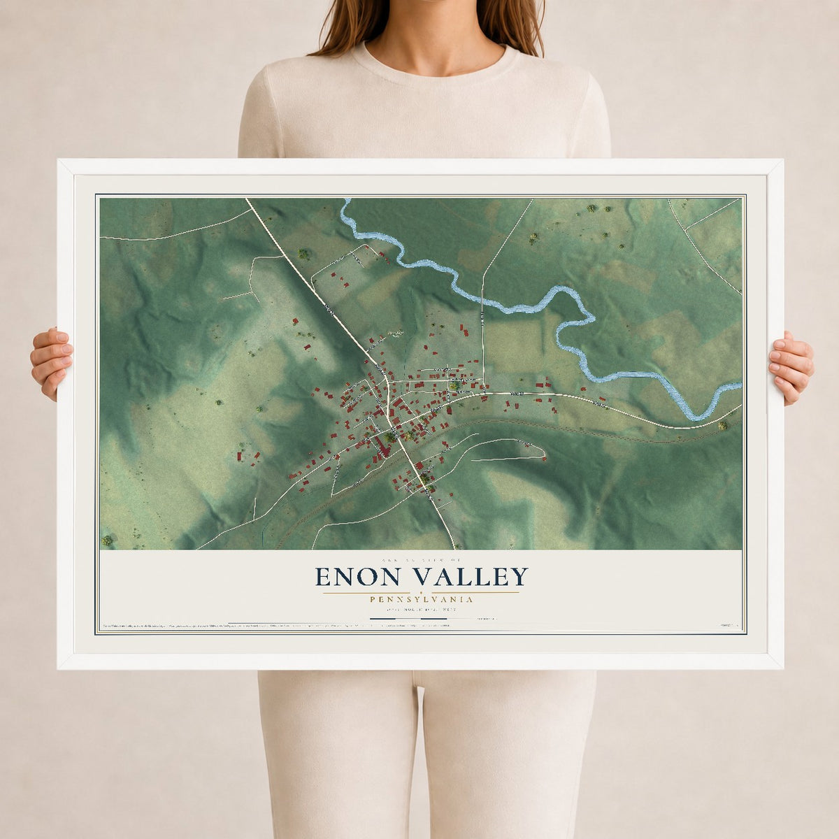 Map of Enon Valley, Pennsylvania, 24 x 36 inch print in a white wood frame