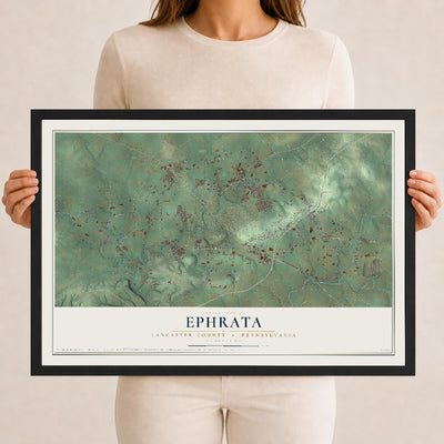Map of Ephrata, Lancaster County, Pennsylvania, 12 x 18 inch print in a black wood frame