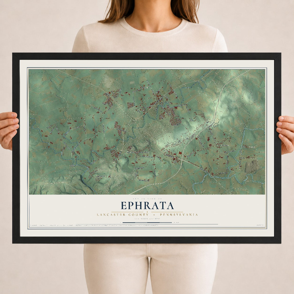 Map of Ephrata, Lancaster County, Pennsylvania, 18 x 24 inch print in a black wood frame
