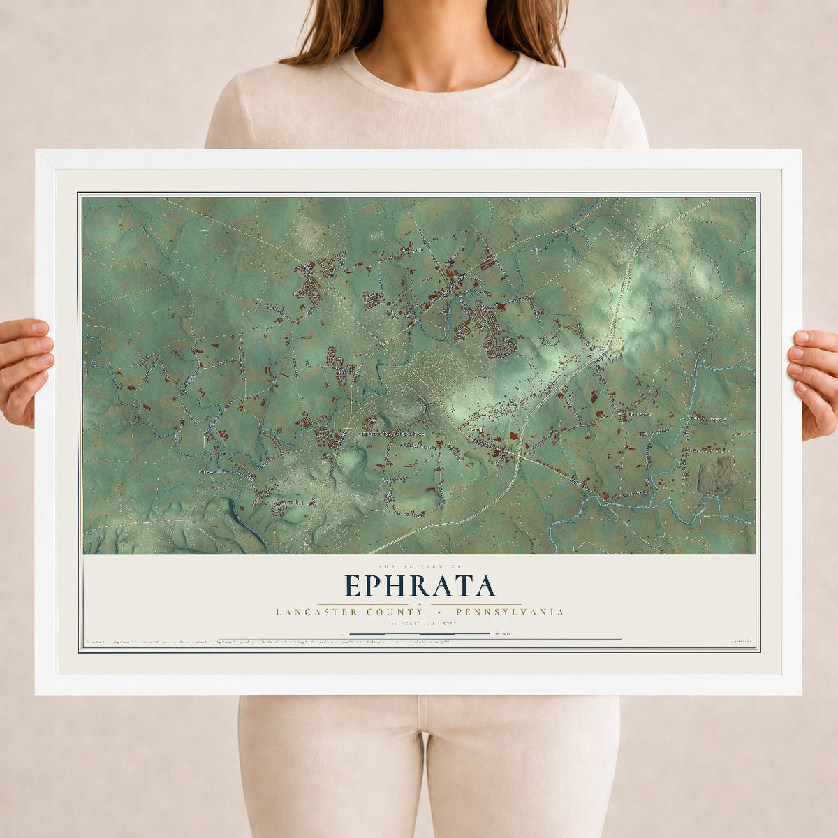 Map of Ephrata, Lancaster County, Pennsylvania, 18 x 24 inch print in a white wood frame