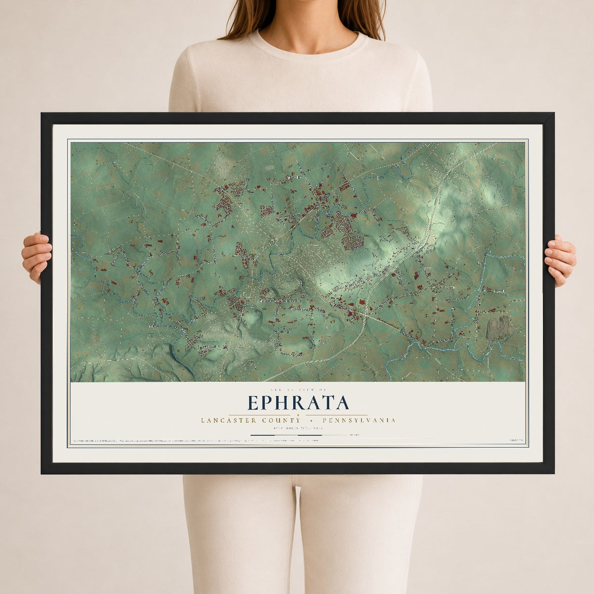 Map of Ephrata, Lancaster County, Pennsylvania, 24 x 36 inch print in a black wood frame