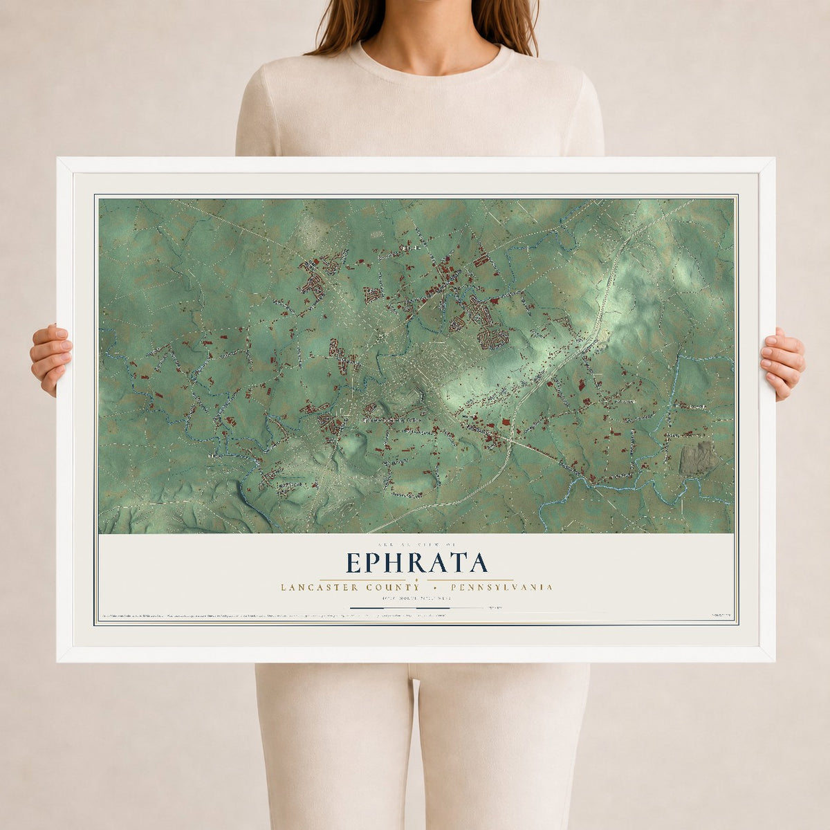 Map of Ephrata, Lancaster County, Pennsylvania, 24 x 36 inch print in a white wood frame