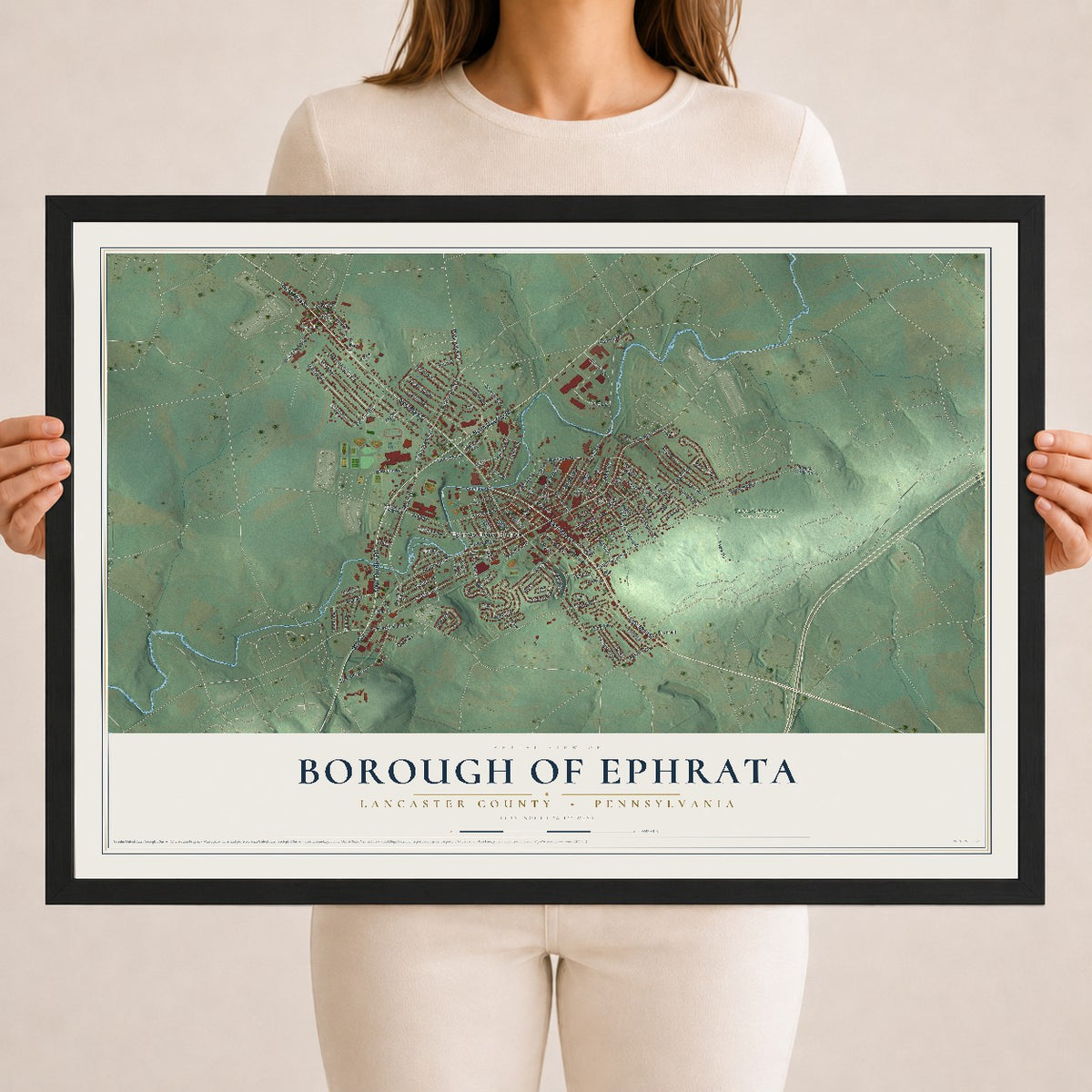 Map of the Borough of Ephrata, Lancaster County, Pennsylvania, 18 x 24 inch print in a black wood frame