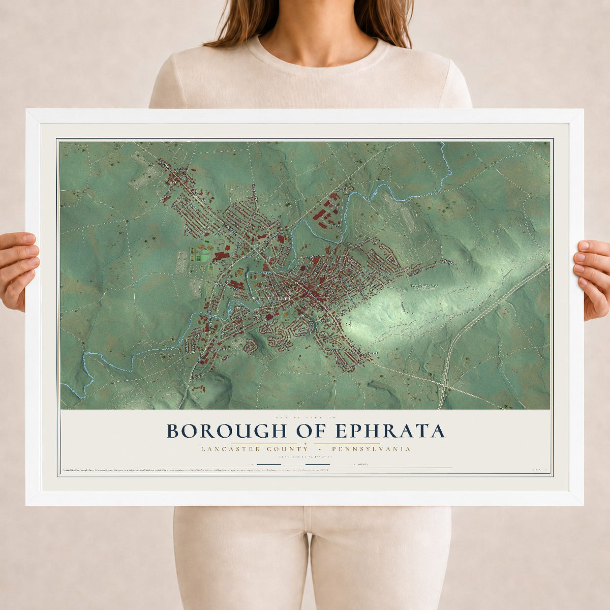 Map of the Borough of Ephrata, Lancaster County, Pennsylvania, 18 x 24 inch print in a white wood frame