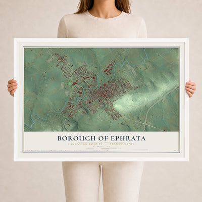 Map of the Borough of Ephrata, Lancaster County, Pennsylvania, 24 x 36 inch print in a white wood frame