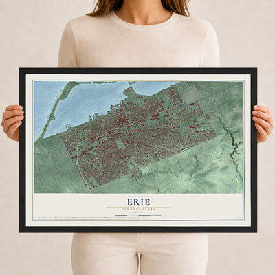 Map of Erie, Pennsylvania, 12 x 18 inch print in a black wood frame